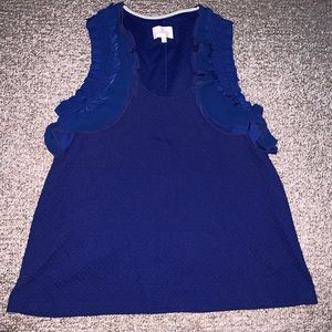 Anthro royal blue ruffle trim waffle weave tank
